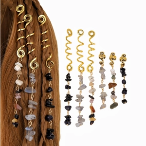 Anneaux de Cheveux Dreadlocks en Spirale Alliage Or Vintage Avec Pendentifs en Pierre Naturelle Pinces à Cheveux Tressées