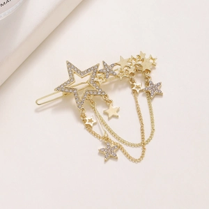 Sparkling gold star hair clip with rhinestones and elegant fringe tassels for women