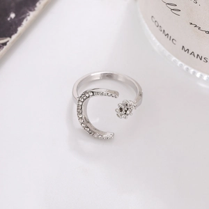 Sparkling silver crescent moon and star open ring featuring fine zircon pave setting style
