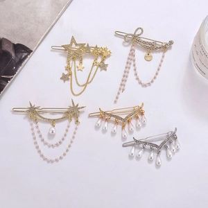 Elegant Korean Alloy Rhinestone Artificial Pearl Tassel Hair Clips Star Bow V Shape Side Bangs Clips Women Fashion Hair Accessories