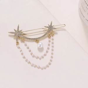 Elegant star and moon hair clip with rhinestones and hanging faux pearl tassels