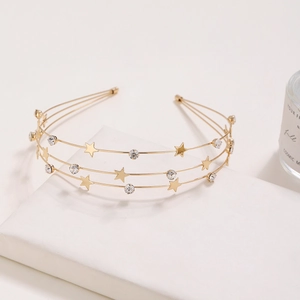 Serre-tête doré à trois couches élégant avec étoiles brillantes et strass chic