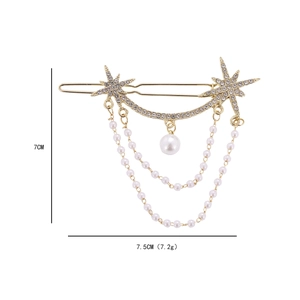 Star and moon pearl tassel hair clip with rhinestones in gold finish 7.5cm x 7cm