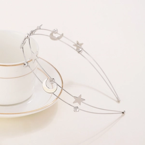 Elegant double-layer silver metal headband with star, moon charms and sparkling rhinestones