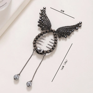 Angel wings hair clip with dark grey rhinestones and hanging pearl tassels