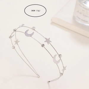Elegant silver metal double headband with star and moon charms and rhinestones