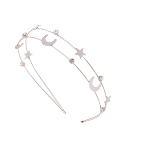 Double-layered silver star and moon headband with sparkling crystals for women