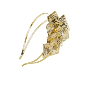 Baroque gold leaf headband with double-layered metal circles and geometric square accents