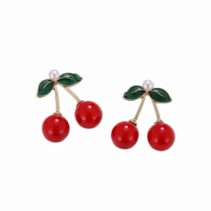 Cute cherry shaped drop earrings with red fruit green leaves and white pearl accents
