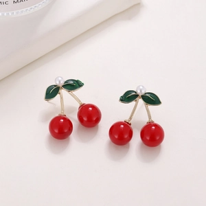 Cute cherry earrings with red fruit, green leaves and white pearls for a sweet style