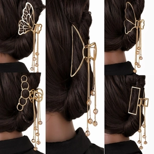 Pince à cheveux élégante en métal doré avec pompons et perles de cristal marron pour femme