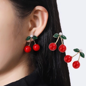 Sweet Red Cherry Fruit Earrings For Women Cute Gold Plated Alloy Drop Earrings With Faux Artificial Pearl And Stainless Steel Post
