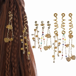 Boho Spiral Hair Jewelry Gold Plated Alloy Dreadlock Accessories With Heart Moon Star Pendant Tassel For Women Braided Hair Styling