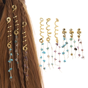 Pinces à Cheveux Spirales Bohème pour Dreadlocks Alliage Doré Pierre Naturelle Pendentif Frange Anneaux Ethniques Rétro