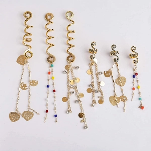 Set of six gold spiral hair ring charms with heart and moon pendants for dreadlock decor