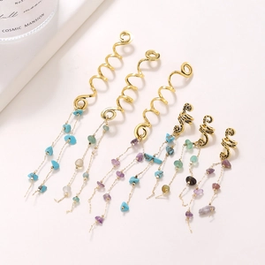 Anneaux de cheveux spirales dorés bohèmes avec pendentifs en pierres naturelles et chaînes