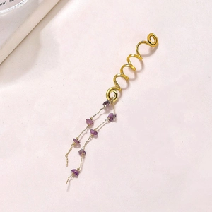 Anneau de cheveux spirale doré avec pierres de cristal violettes et chaînes bohèmes