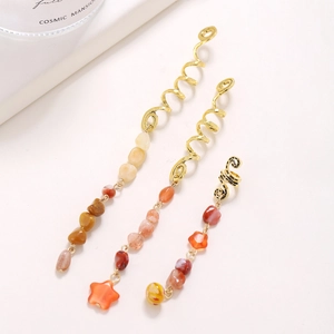 Golden snake-shaped hair rings with natural stone charms for braids and dreadlocks