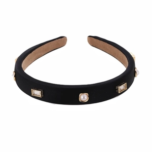 French vintage black satin headband with pearls and cubic zirconia crystals