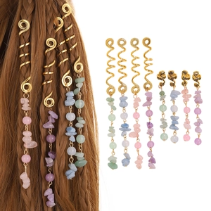 Golden spiral hair jewelry with colorful natural stone charms for braids and dreadlocks
