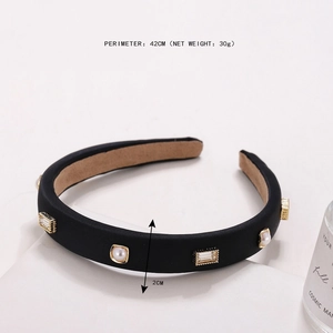 French retro black satin headband with pearls and rhinestones for elegant styling