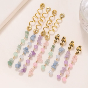 Eight-piece gold spiral hair charms set with colorful natural stone pendants for braids