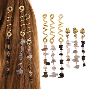 Bohemian Alloy Spiral Hair Braiding Rings With Natural Stone Pendants Retro Ethnic Dreadlock Braid Accessories For Women Jewelry