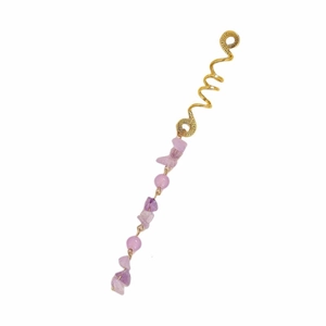 Detail of bohemian gold spiral spring pendant with lilac stones and purple beads