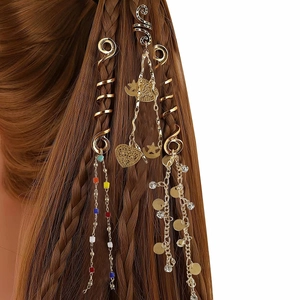 Golden boho hair jewelry set with natural stone pendants and spirals on braided hair
