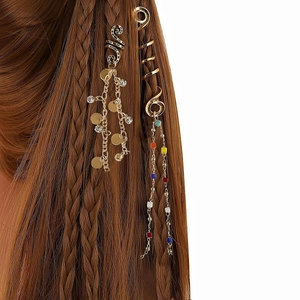 Bohemian hair rings with colorful beads and crystal pendants on braided hair