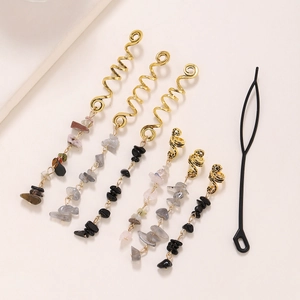 Bohemian gold spiral hair rings with natural gemstone pendants for braid hair styling