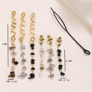 Bohemian hair spiral accessories set with natural stone pendants and gold metal rings