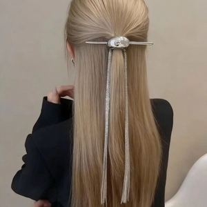 Épingle à cheveux argentée avec longues chaînes à franges sur queue de cheval, style moderne