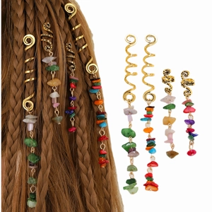 Bohemian hair rings with golden spirals and natural stones for braids and dreadlocks