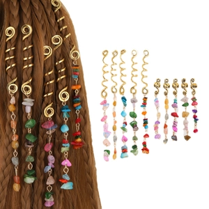 Bohemian braid hair accessories with golden spiral rings and natural stone pendants