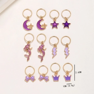 12-piece gold dreadlock rings set with purple mermaid moon and star charms