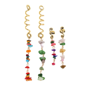 Detailed view of bohemian gold spiral hair rings with colorful natural stone pendants