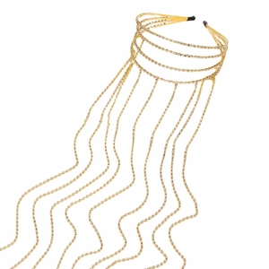 Serre-tête multicouche doré élégant avec de longues franges en strass pour les femmes
