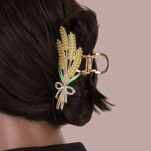 Pince à cheveux épi de blé dorée avec strass jaunes et émail vert pour femmes
