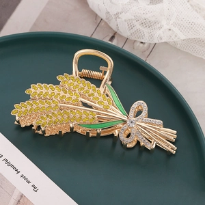 Pince à Cheveux Élégante en Alliage Épi de Blé Strass Jaune Émail Nœud Décoration Clip Requin en Métal Doré pour Femme