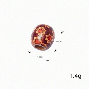 Carved wooden bead for hair accessories featuring red floral patterns and large inner hole