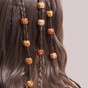 Ethnic style wooden dreadlock beads with geometric patterns for DIY hair braiding
