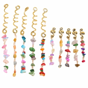 Set of 10 gold dreadlock hair rings with colorful natural stone pendants for hair braiding