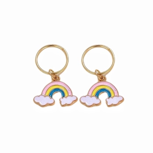 Detailed view of rainbow pendant hair ring clips with gold hoop and colorful enamel clouds