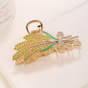 Pince à cheveux épi de blé dorée avec strass jaunes et feuilles en émail vert