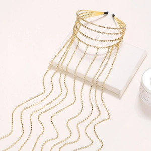 Serre-tête multicouche doré élégant avec strass et longues franges pour femme tendance