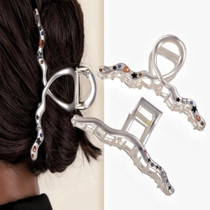 Pinza per Capelli in Lega di Zinco Argento Opaco a Onda Stella con Strass Elegante Clip a Squalo in Metallo per Donna