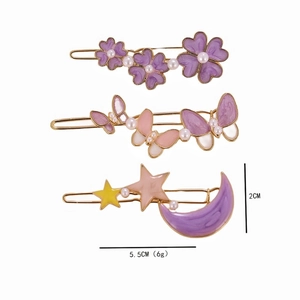 Three-piece Korean floral hair clip set with purple petals, butterflies, and pearl accents