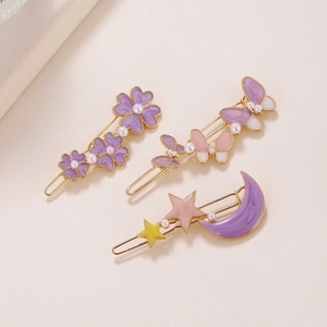 Three-piece set of Korean style floral butterfly and moon star hair clips with pearls