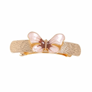 Elegant gold alloy butterfly spring hair clip with pink enamel details for women